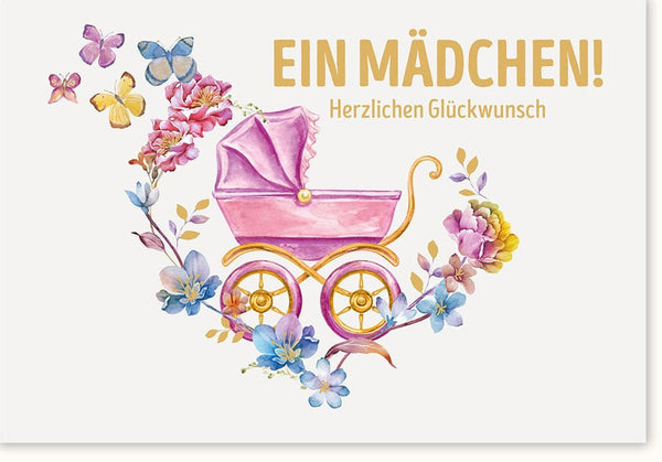 Glückwunschkarte zur Geburt eines Mädchens: Aquarell-Kinderwagen & Blumen in Rosa