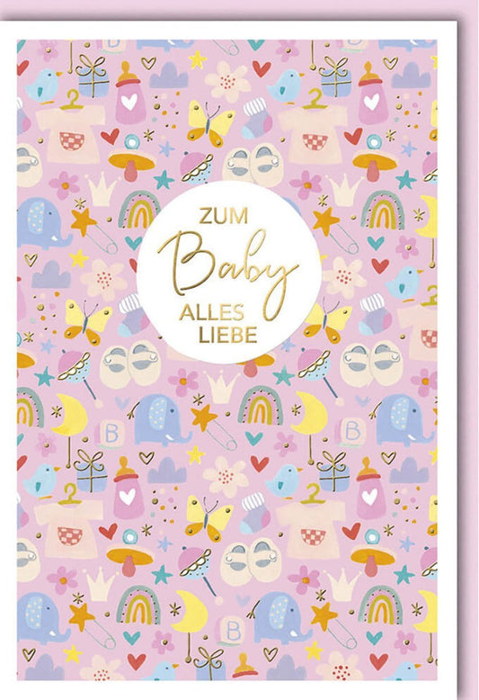 Glückwunschkarte zur Geburt eines Mädchens - Rosa Babykarte mit Herzchen, Sternen und Schmetterlingen