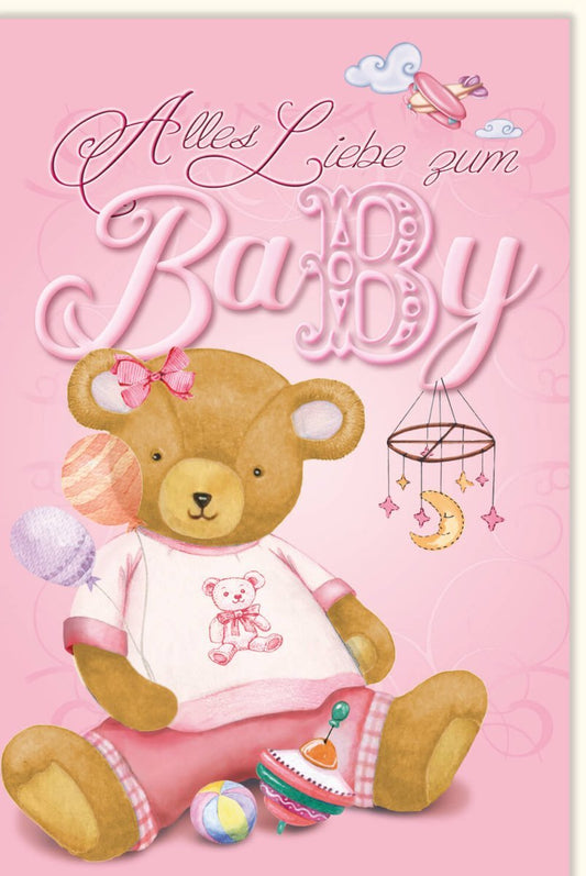 Glückwunschkarte zur Geburt eines Mädchens - Rosa Babykarte mit Teddybär, Perfekt für Babyparty & Kinderzimmer Deko
