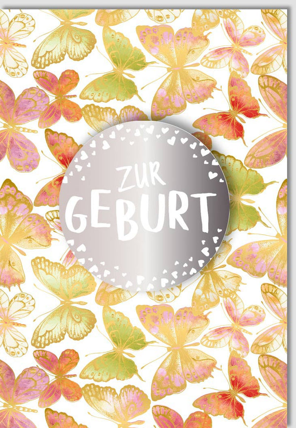 Glückwunschkarte zur Geburt - Elegante Silberne Schmetterlingskarte für Neugeborene, Unisex Design für Jungen und Mädchen