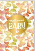 Glückwunschkarte zur Geburt: Festliche Babykarte mit Schmetterlingen und Gold, Pastell-Design für Neugeborene