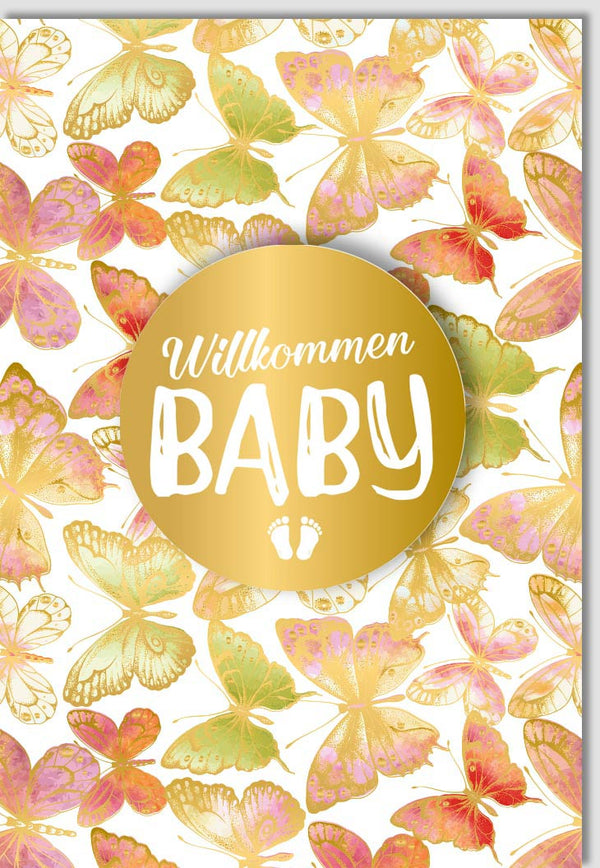 Glückwunschkarte zur Geburt: Festliche Babykarte mit Schmetterlingen und Gold, Pastell-Design für Neugeborene