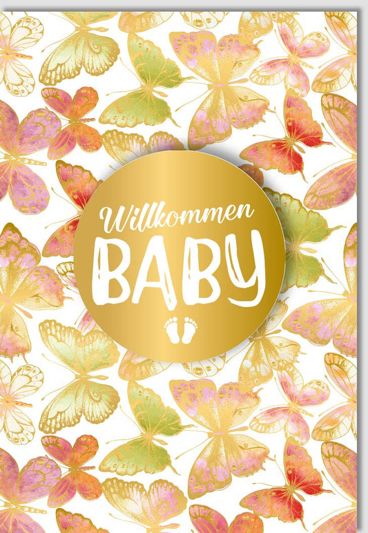 Glückwunschkarte zur Geburt: Festliche Babykarte mit Schmetterlingen und Gold, Pastell - Design für Neugeborene