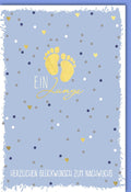 Glückwunschkarte zur Geburt für Jungen - Babyfußabdruck in Hellblau & Gold Konfetti Design