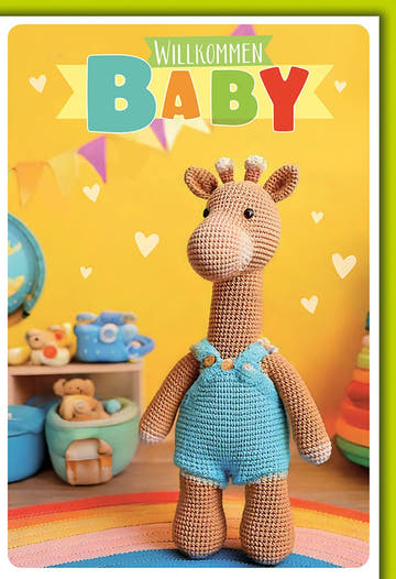 Glückwunschkarte zur Geburt – Häkelgiraffe in Kinderzimmer mit bunten Herzen