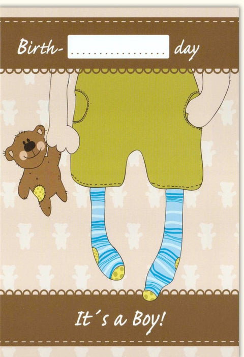 Glückwunschkarte zur Geburt Junge mit Bärchen und blauen Strümpfen liebevoll gestaltete Doppelkarte für Neugeborene Babykarte