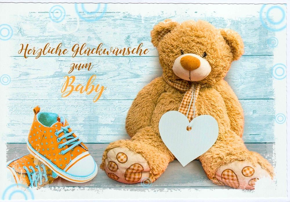 Glückwunschkarte zur Geburt Junge mit Teddybär und Babyschuhen liebevoll gestaltet Grußkarte Baby blau orange