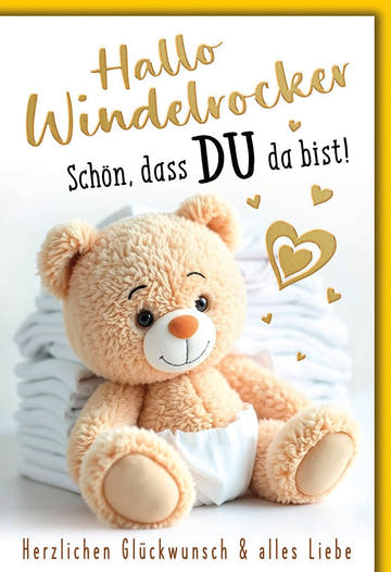 Glückwunschkarte zur Geburt – Kuschelbär mit Windeln und goldenen Herz - Details