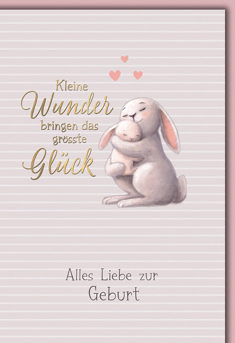 Glückwunschkarte zur Geburt – Kuschelnder Hase mit Herzchen und zarten Streifenmuster