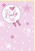 Glückwunschkarte zur Geburt Mädchen rosa Sterne Ballon Herz liebevoll gestaltet Babykarte für Neugeborene personalisierbar