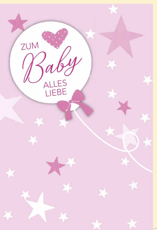 Glückwunschkarte zur Geburt Mädchen rosa Sterne Ballon Herz liebevoll gestaltet Babykarte für Neugeborene personalisierbar
