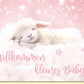 Glückwunschkarte zur Geburt Mädchen süßes schlafendes Lamm auf Wolke rosa Himmel Sterne Willkommen kleines Baby