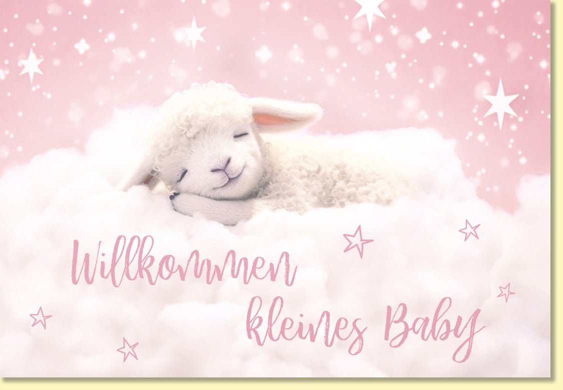 Glückwunschkarte zur Geburt Mädchen süßes schlafendes Lamm auf Wolke rosa Himmel Sterne Willkommen kleines Baby