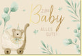 Glückwunschkarte zur Geburt mit Bär im Kinderwagen und botanischen Motiven zarte Farben Babykarte für Jungen und Mädchen
