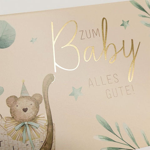Glückwunschkarte zur Geburt mit Bär im Kinderwagen und botanischen Motiven zarte Farben Babykarte für Jungen und Mädchen