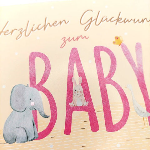 Glückwunschkarte zur Geburt mit Elefant Hase Gans und Schmetterling liebevoll illustriert zarte Farben Babykarten für Mädchen und Jungen