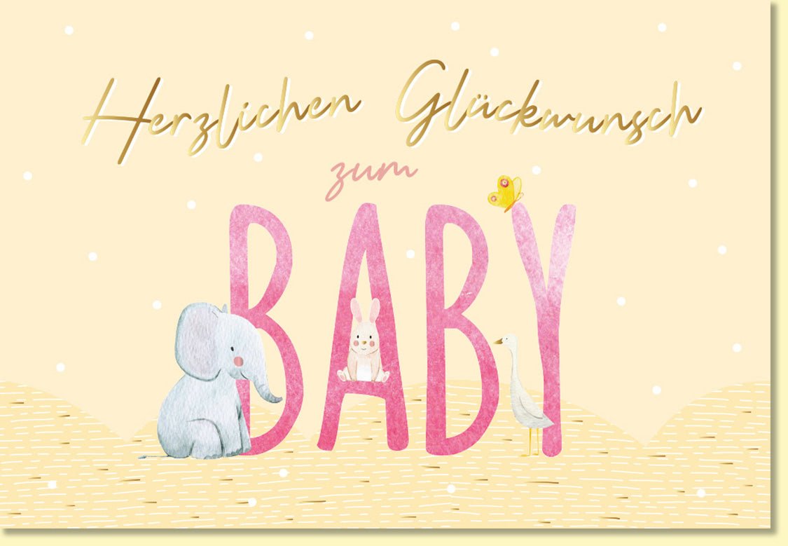 Glückwunschkarte zur Geburt mit Elefant Hase Gans und Schmetterling liebevoll illustriert zarte Farben Babykarten für Mädchen und Jungen