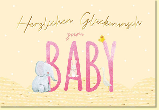 Glückwunschkarte zur Geburt mit Elefant Hase Gans und Schmetterling liebevoll illustriert zarte Farben Babykarten für Mädchen und Jungen