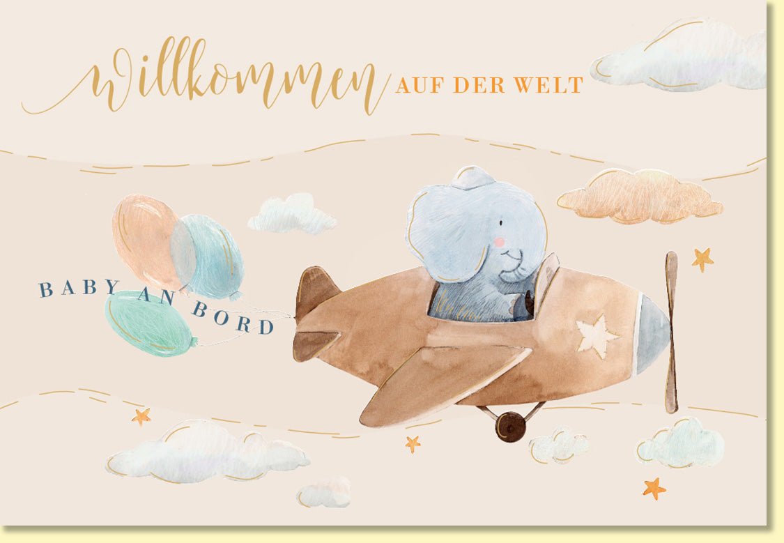Glückwunschkarte zur Geburt mit Elefant im Flugzeug Baby an Bord Ballons und Wolken liebevoll illustriert für Jungen und Mädchen