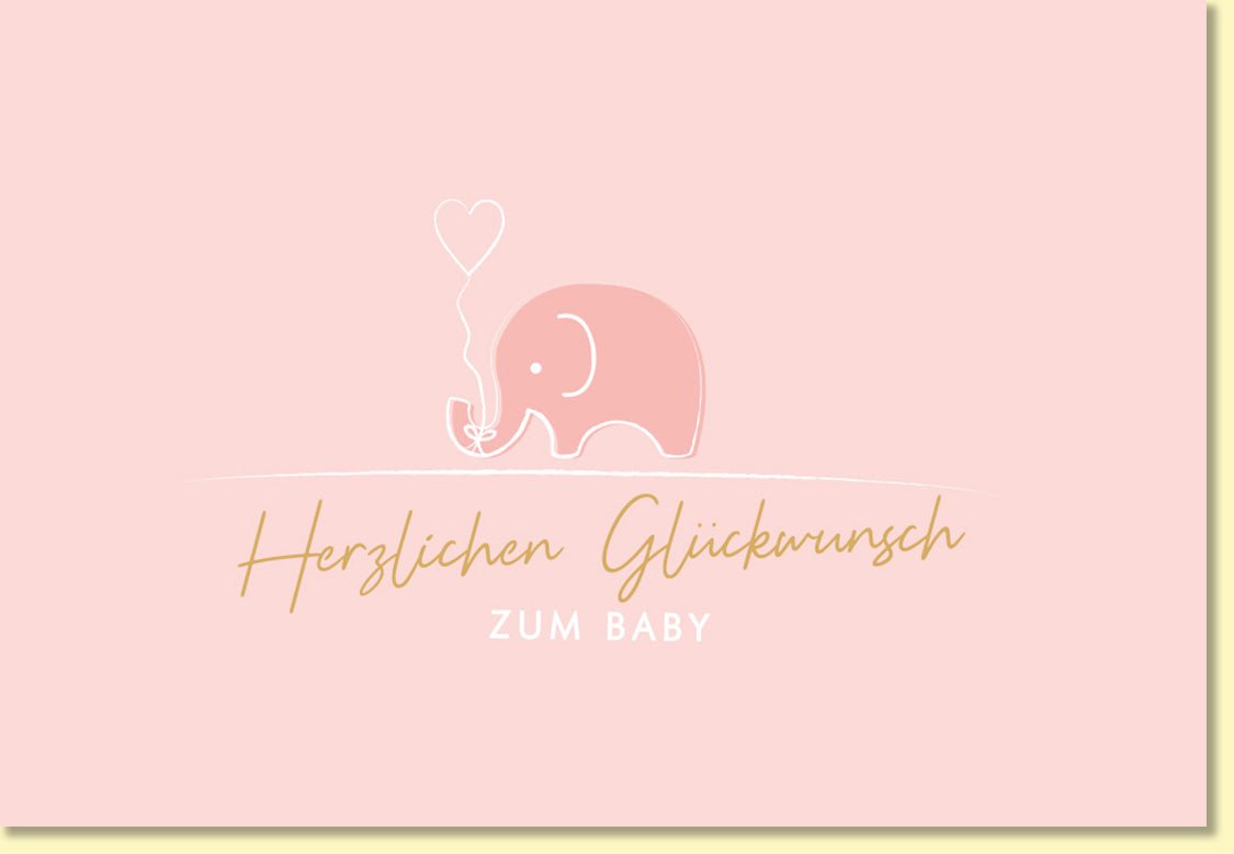 Glückwunschkarte zur Geburt mit Elefant in Rosa zartes Design Herzmotiv handgezeichnet Herzlichsten Glückwunsch zum Baby