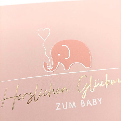 Glückwunschkarte zur Geburt mit Elefant in Rosa zartes Design Herzmotiv handgezeichnet Herzlichsten Glückwunsch zum Baby