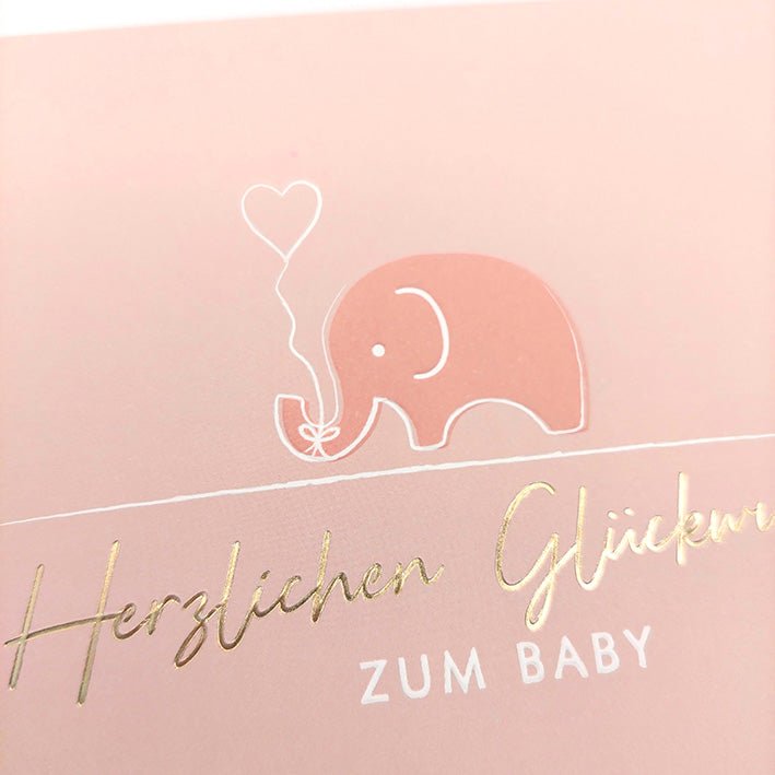 Glückwunschkarte zur Geburt mit Elefant in Rosa zartes Design Herzmotiv handgezeichnet Herzlichsten Glückwunsch zum Baby