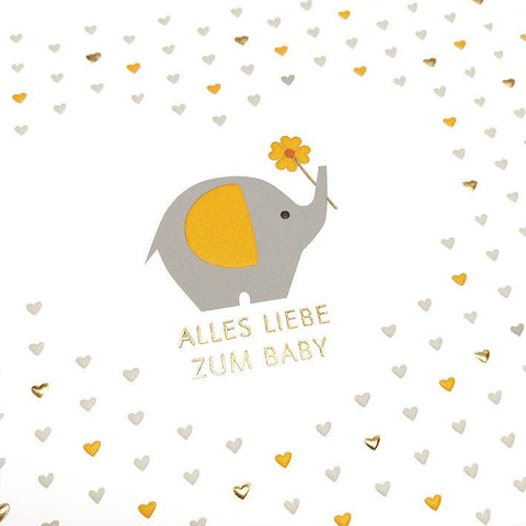 Glückwunschkarte zur Geburt mit Elefant und Herzchen in Gelb und Grau liebevolle Doppelkarte für Neugeborene Baby Grußkarte