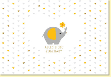 Glückwunschkarte zur Geburt mit Elefant und Herzchen in Gelb und Grau liebevolle Doppelkarte für Neugeborene Baby Grußkarte
