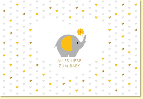 Glückwunschkarte zur Geburt mit Elefant und Herzchen in Gelb und Grau liebevolle Doppelkarte für Neugeborene Baby Grußkarte