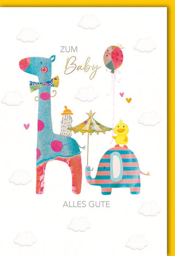 Glückwunschkarte zur Geburt mit Giraffe und Elefant liebevolle Tiermotive bunte Doppelkarte für Babys alles Gute zur Geburt
