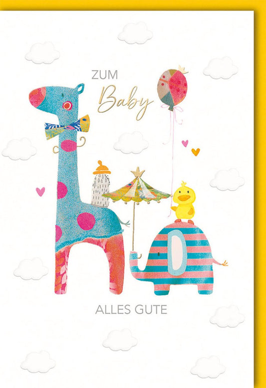 Glückwunschkarte zur Geburt mit Giraffe und Elefant liebevolle Tiermotive bunte Doppelkarte für Babys alles Gute zur Geburt