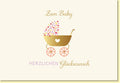 Glückwunschkarte zur Geburt mit goldenem Kinderwagen und Herzmotiv liebevoll gestaltet für Mädchen oder Jungen hochwertige Geburtskarte