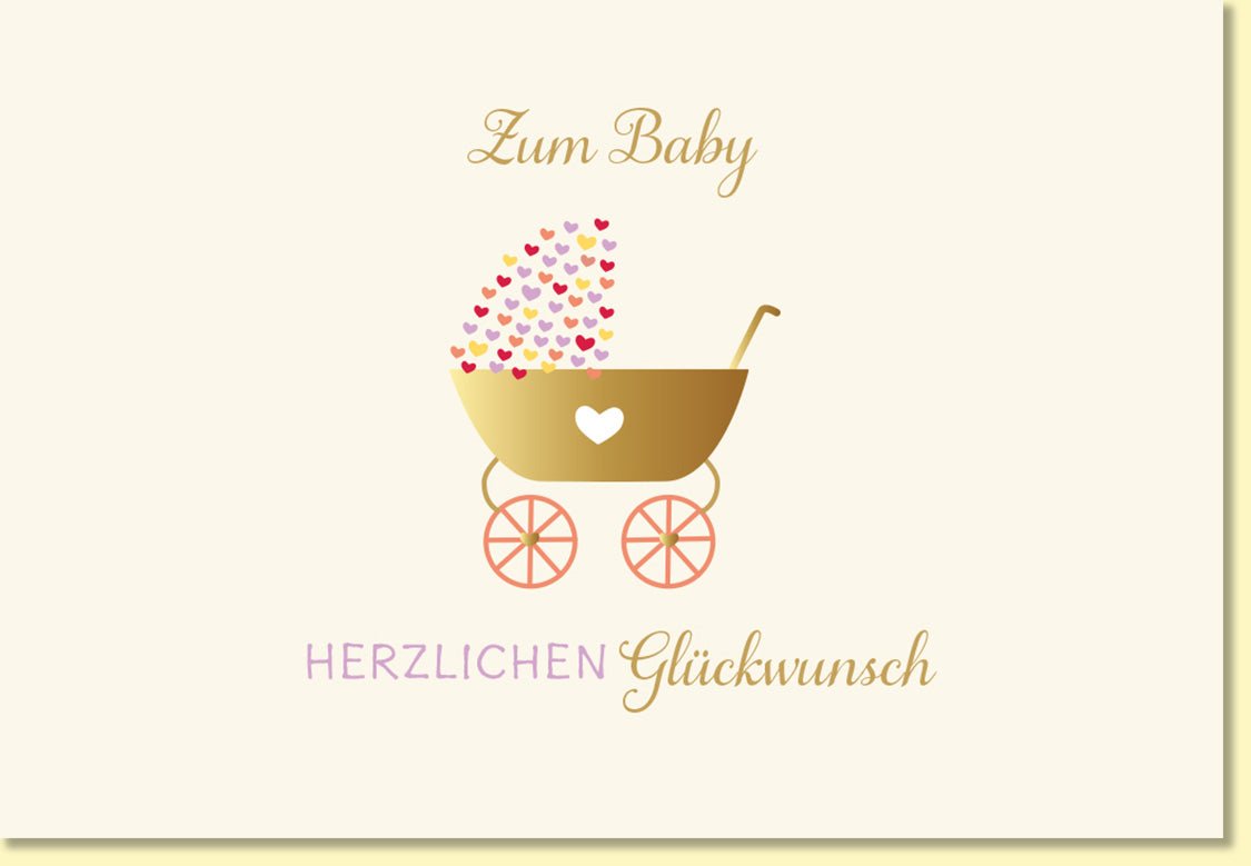 Glückwunschkarte zur Geburt mit goldenem Kinderwagen und Herzmotiv liebevoll gestaltet für Mädchen oder Jungen hochwertige Geburtskarte