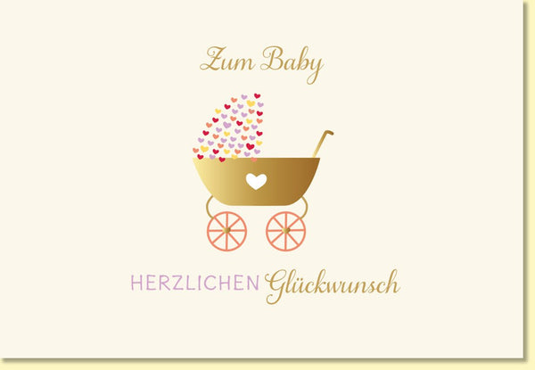 Glückwunschkarte zur Geburt mit goldenem Kinderwagen und Herzmotiv liebevoll gestaltet für Mädchen oder Jungen hochwertige Geburtskarte