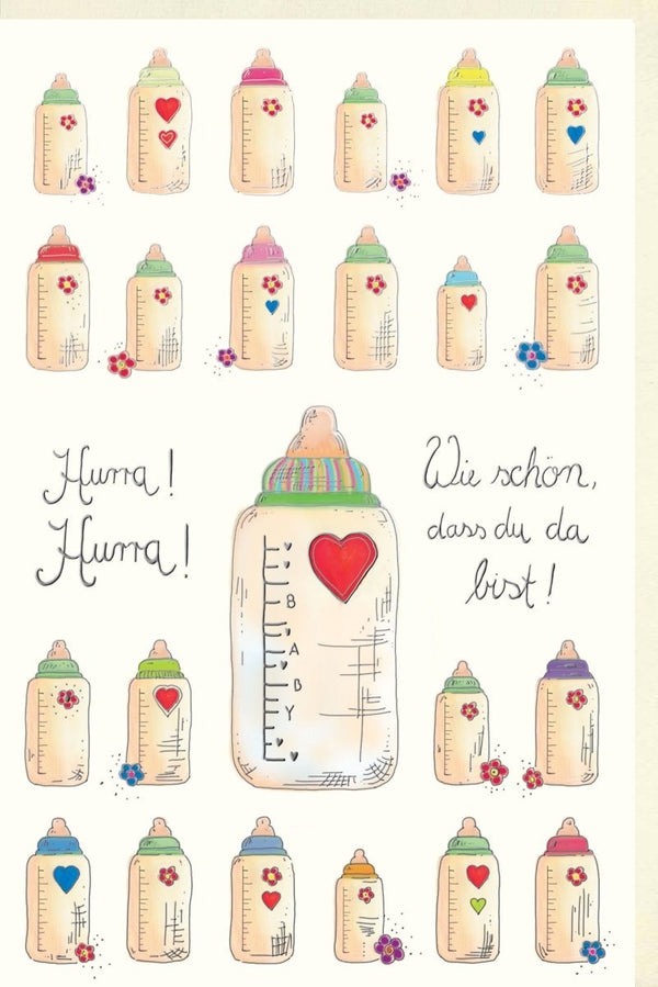 Glückwunschkarte zur Geburt mit liebevoll gestalteten Babyfläschchen und Herzmotiv Hurra du bist da farbenfrohe Geburtskarte für Mädchen und Jungen