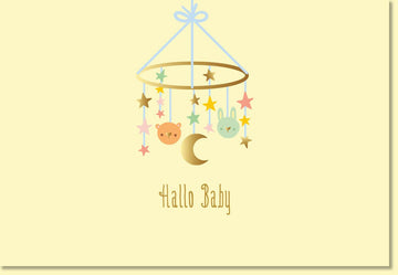 Glückwunschkarte zur Geburt mit Mobile Motiv Bär Hase Sterne Mond zarte Farben Doppelkarte für Jungen und Mädchen