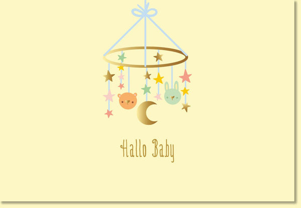 Glückwunschkarte zur Geburt mit Mobile Motiv Bär Hase Sterne Mond zarte Farben Doppelkarte für Jungen und Mädchen