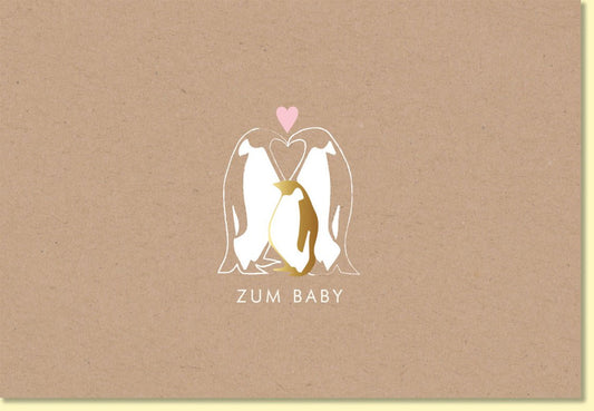 Glückwunschkarte zur Geburt mit Pinguin Familie Herz und Goldfolie liebevolle Geburtskarte für Jungen und Mädchen hochwertige Doppelkarte
