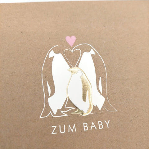 Glückwunschkarte zur Geburt mit Pinguin Familie Herz und Goldfolie liebevolle Geburtskarte für Jungen und Mädchen hochwertige Doppelkarte
