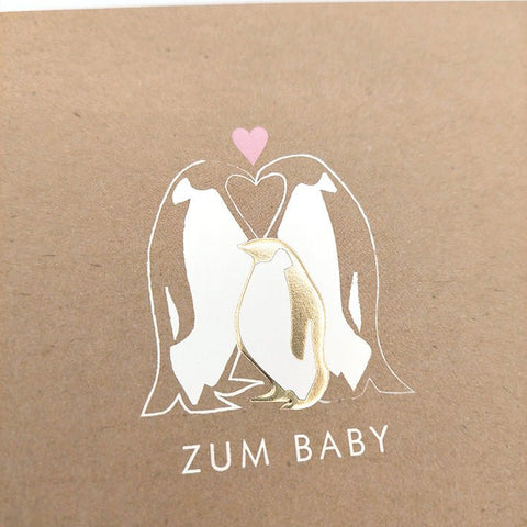 Glückwunschkarte zur Geburt mit Pinguin Familie Herz und Goldfolie liebevolle Geburtskarte für Jungen und Mädchen hochwertige Doppelkarte