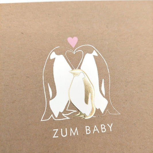 Glückwunschkarte zur Geburt mit Pinguin Familie Herz und Goldfolie liebevolle Geburtskarte für Jungen und Mädchen hochwertige Doppelkarte
