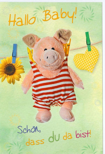 Glückwunschkarte zur Geburt mit Plüsch - Schweinchen in gestreiftem Body Sonnenblume Herz Motiv liebevoll bunt für Mädchen und Jungen
