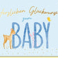 Glückwunschkarte zur Geburt mit Rehkitz Hase Vogel pastellblau Herlichen Glückwunsch zum Baby süße Geburtskarte für Jungen und Mädchen
