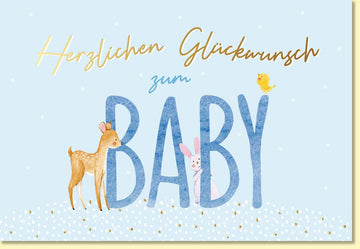Glückwunschkarte zur Geburt mit Rehkitz Hase Vogel pastellblau Herlichen Glückwunsch zum Baby süße Geburtskarte für Jungen und Mädchen