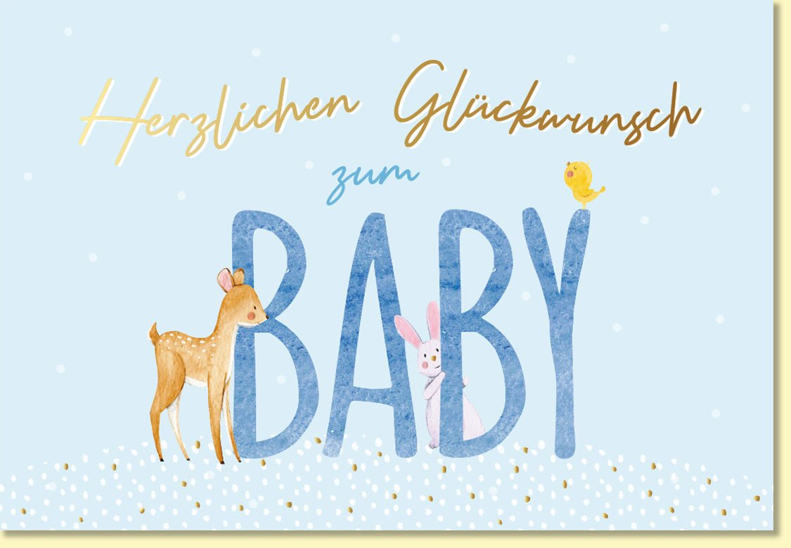 Glückwunschkarte zur Geburt mit Rehkitz Hase Vogel pastellblau Herlichen Glückwunsch zum Baby süße Geburtskarte für Jungen und Mädchen
