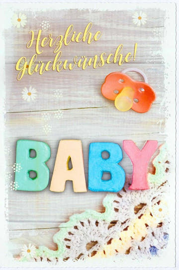 Glückwunschkarte zur Geburt mit Schriftzug Herzliche Glückwünsche und Baby - Motiv in Pastellfarben für Mädchen und Jungen