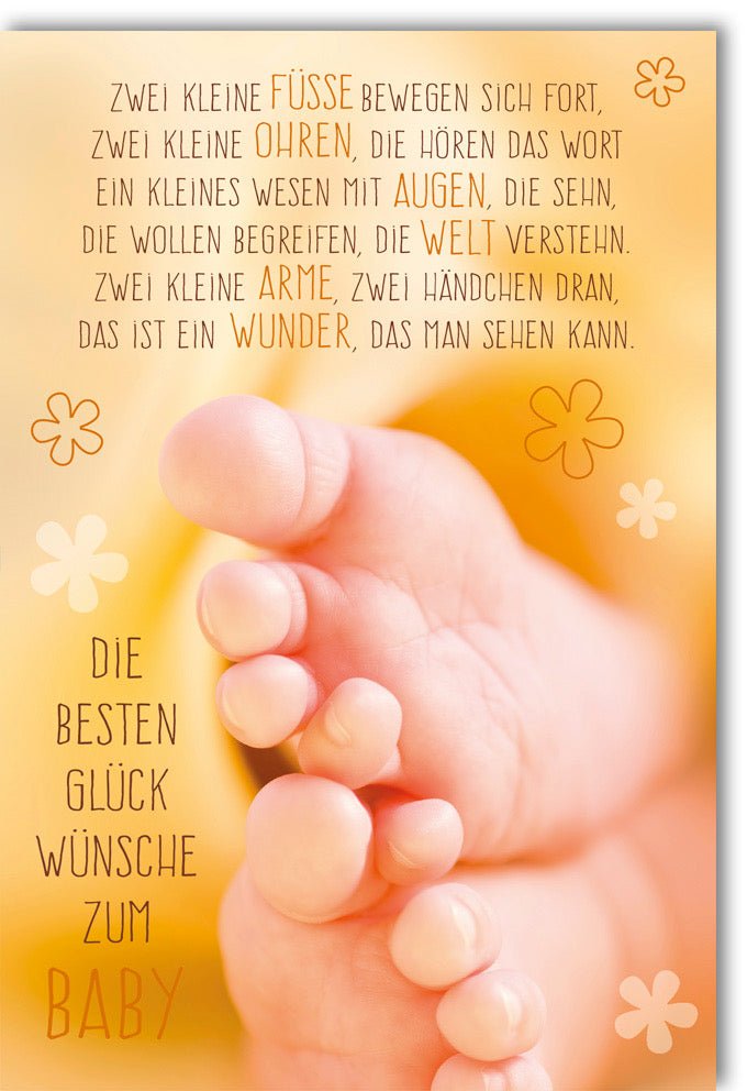 Glückwunschkarte zur Geburt mit Spruch zwei kleine Füße Babyfüße zarte Farben Blumenmotiv liebevolle Geburtskarte für Mädchen und Jungen