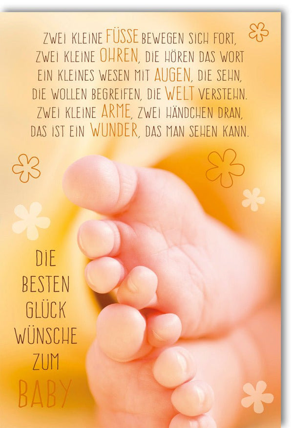 Glückwunschkarte zur Geburt mit Spruch zwei kleine Füße Babyfüße zarte Farben Blumenmotiv liebevolle Geburtskarte für Mädchen und Jungen