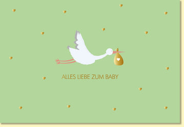 Glückwunschkarte zur Geburt mit Storch und Herzchen auf grünem Hintergrund alles Liebe zum Baby hochwertige Doppelkarte