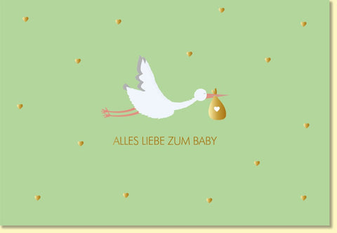 Glückwunschkarte zur Geburt mit Storch und Herzchen auf grünem Hintergrund alles Liebe zum Baby hochwertige Doppelkarte